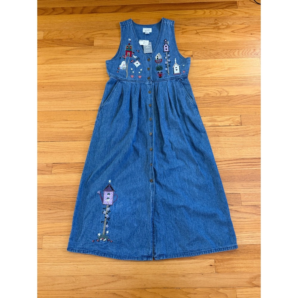 Vintage Christopher & Banks Denim Birdhouse Embroidered Jumper Dress NWT Small